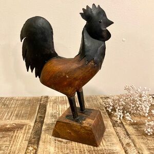Rustic Black and Brown Rooster Sculpture